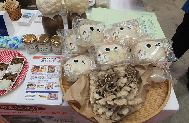 「やまぶしだけ」という山形県産きのこ　珍しい商品と共にメニューのレシピも並び、試食できる